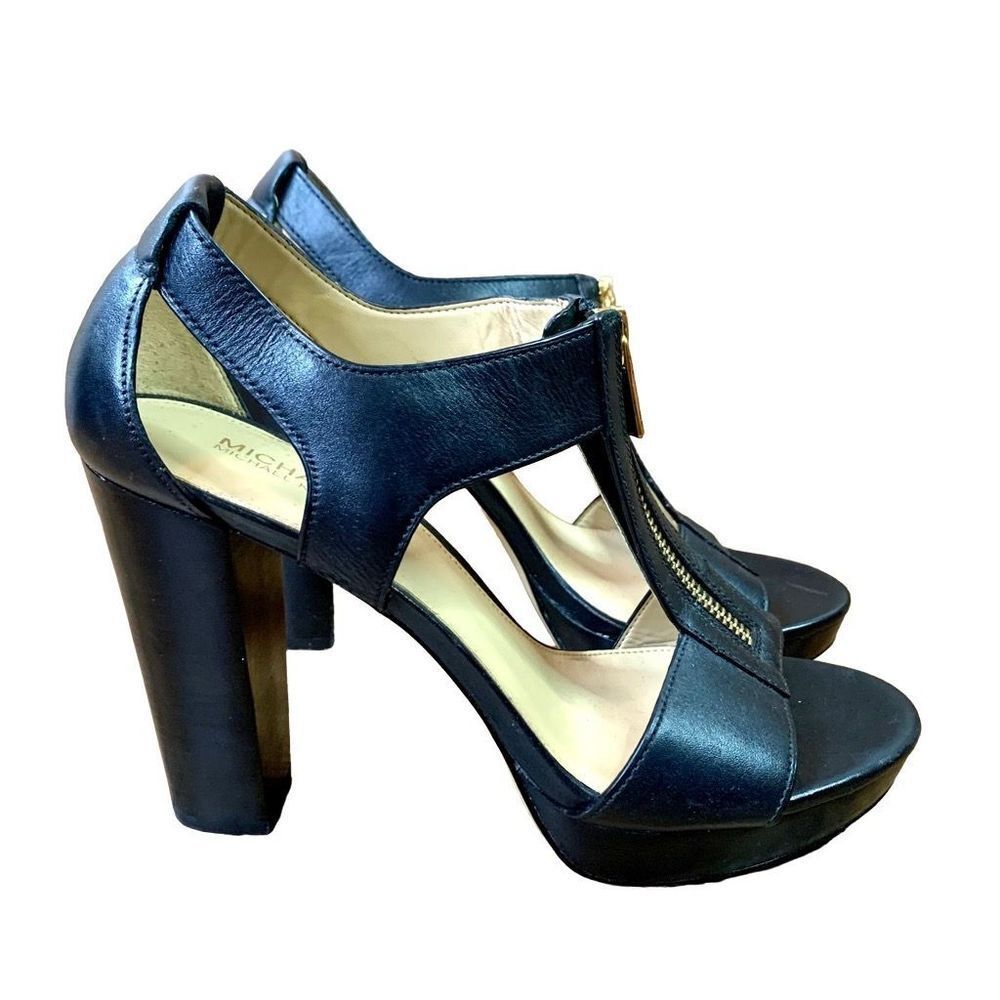 Michael Kors Berkley Leather Platform Sandal Chunky Zip Up High Heel Open Toe Sh